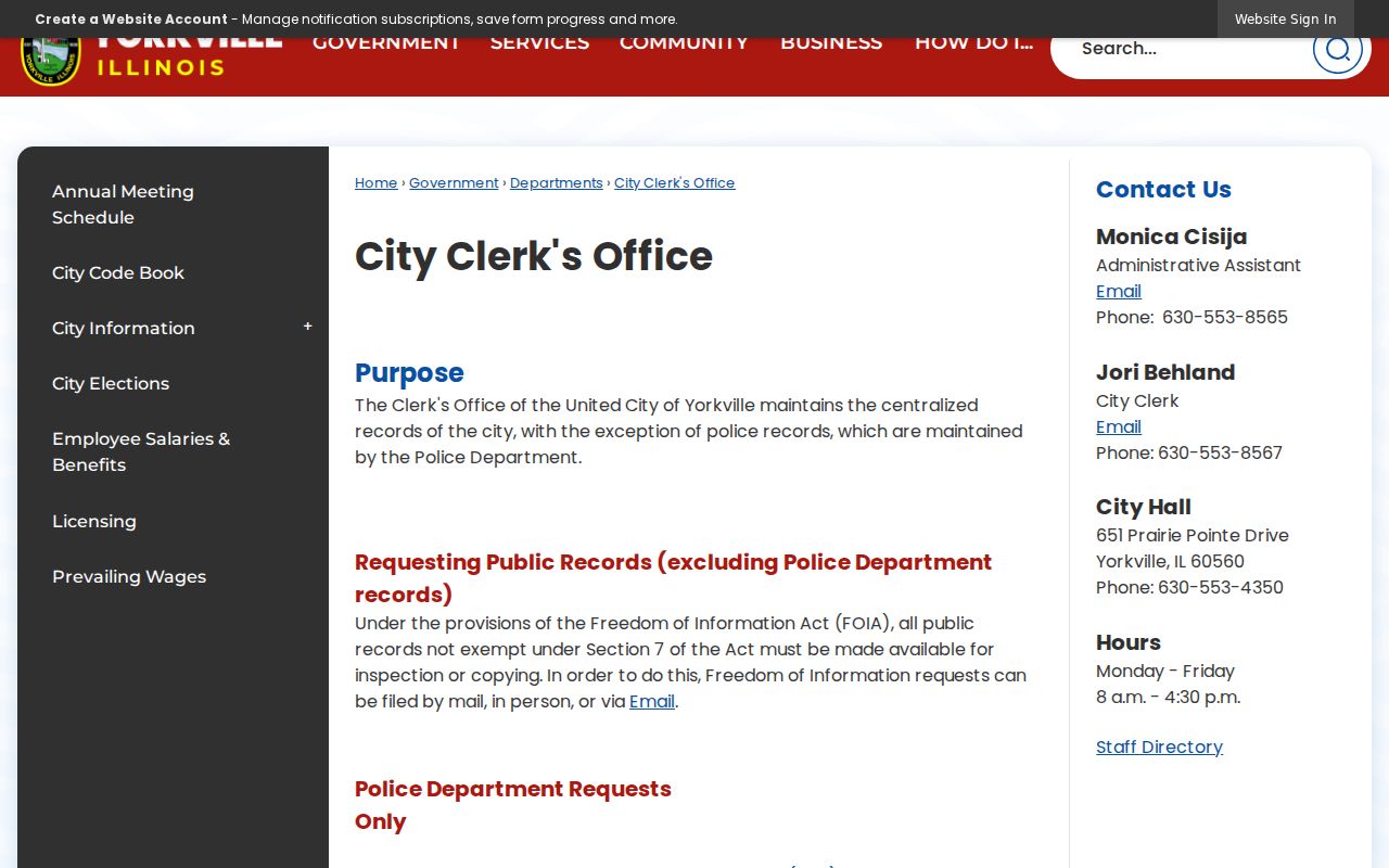 Yorkville City Clerk records and FOIA information