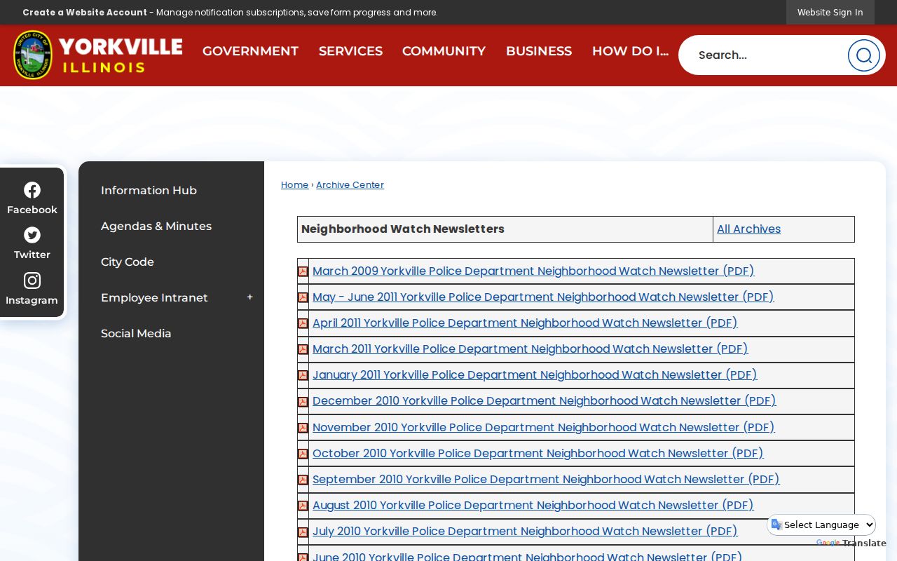 Yorkville neighbors public Neighborhood Watch newsletter archive