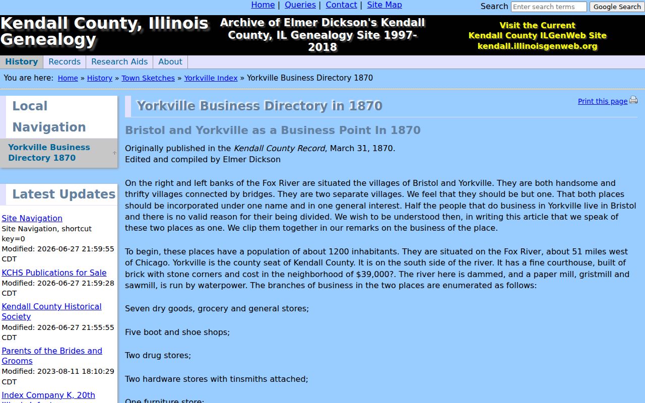 Yorkville previous residents in the 1870 historical business directory