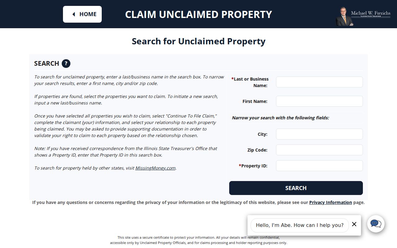Illinois Treasurer I-Cash name city and ZIP search fields
